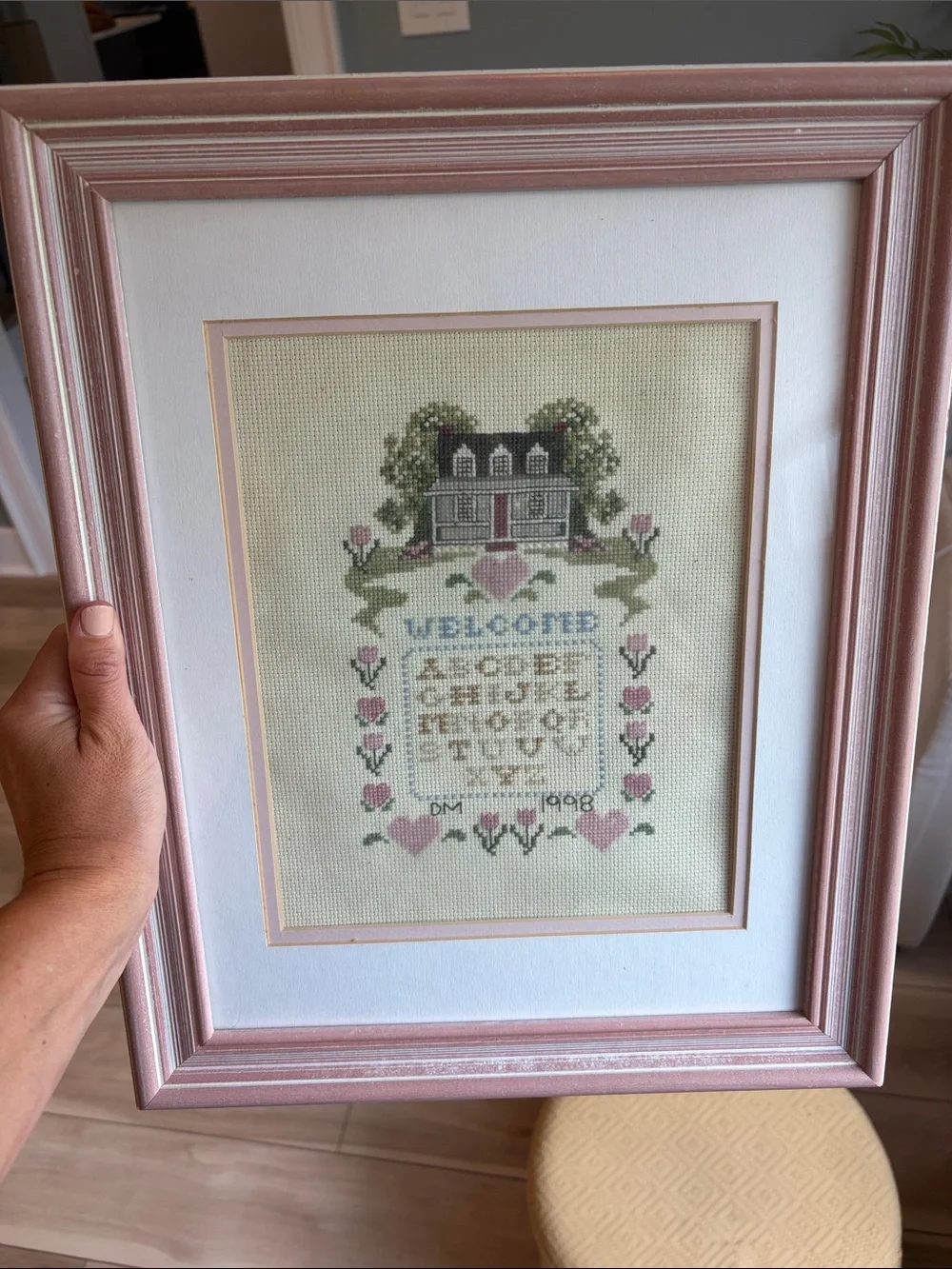 Vintage Framed Pink & Cream Cross-Stitch Welcome